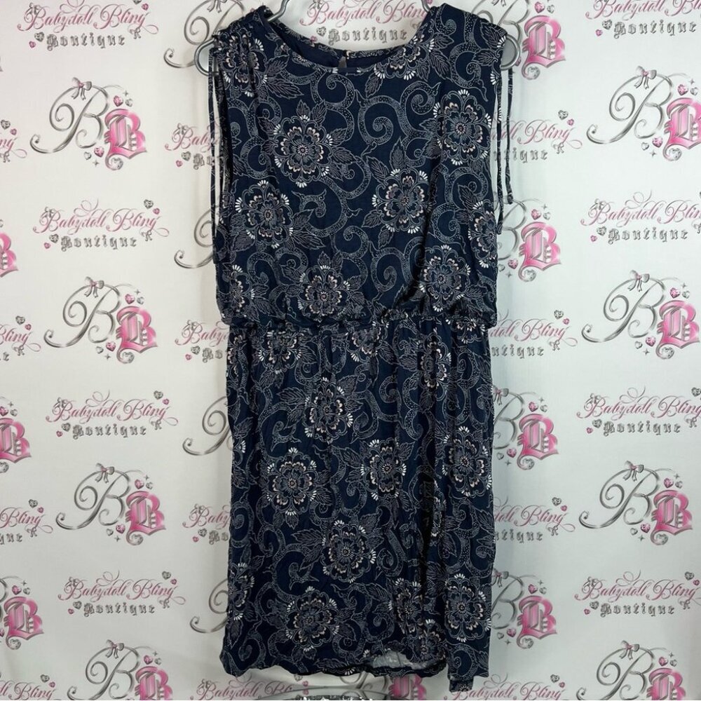 LOFT dress floral flowers tie up sleeve detail Navy and White Floral Midi Dress